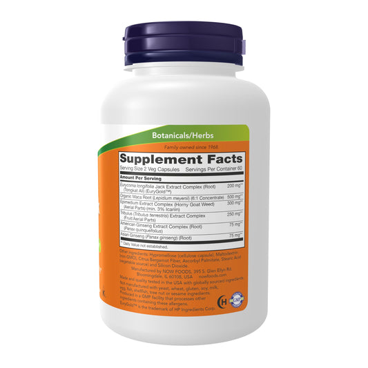 NOW Foods TestoJack 200 bottle label highlights natural herbal blend for energy support