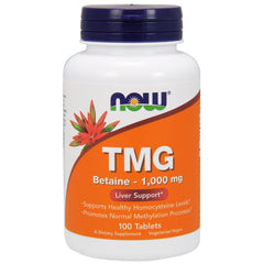 NOW Foods TMG 1000mg bottle label shows vegetarian formula and quality.