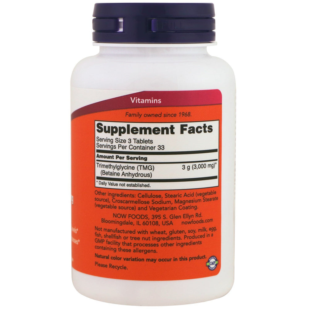 NOW Foods TMG tablets close-up, easy-to-swallow supplement.