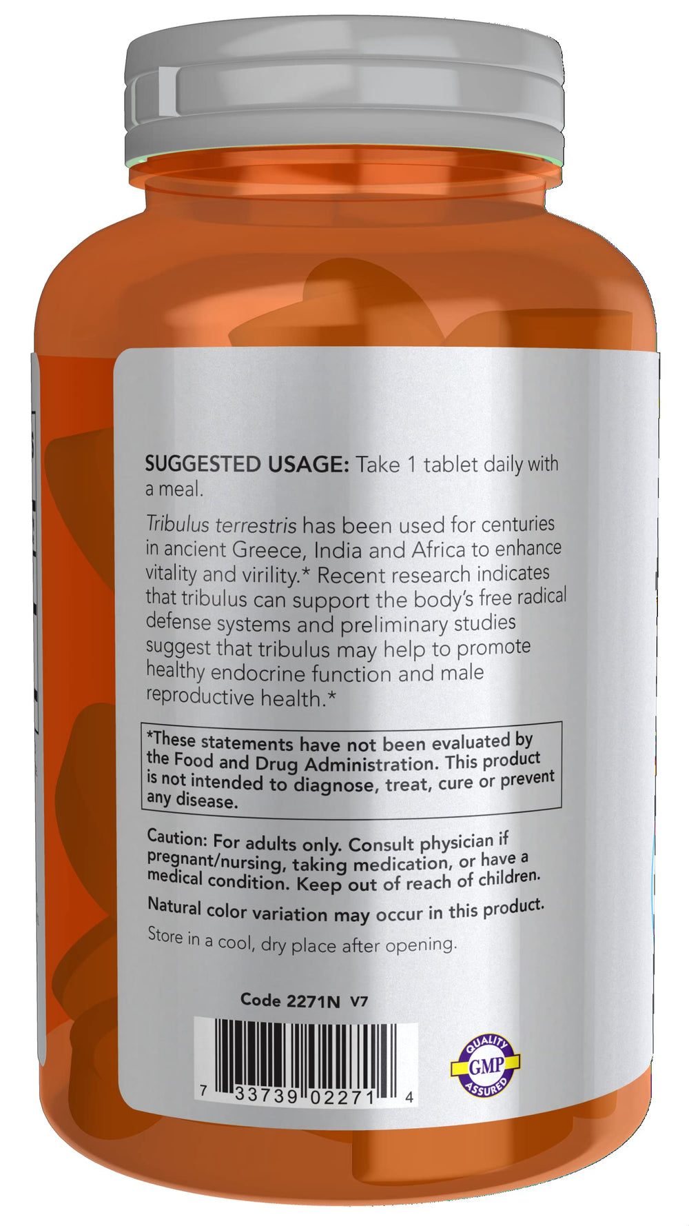 NOW Foods Tribulus 1000mg bottle top demonstrates quality seal and assurance
