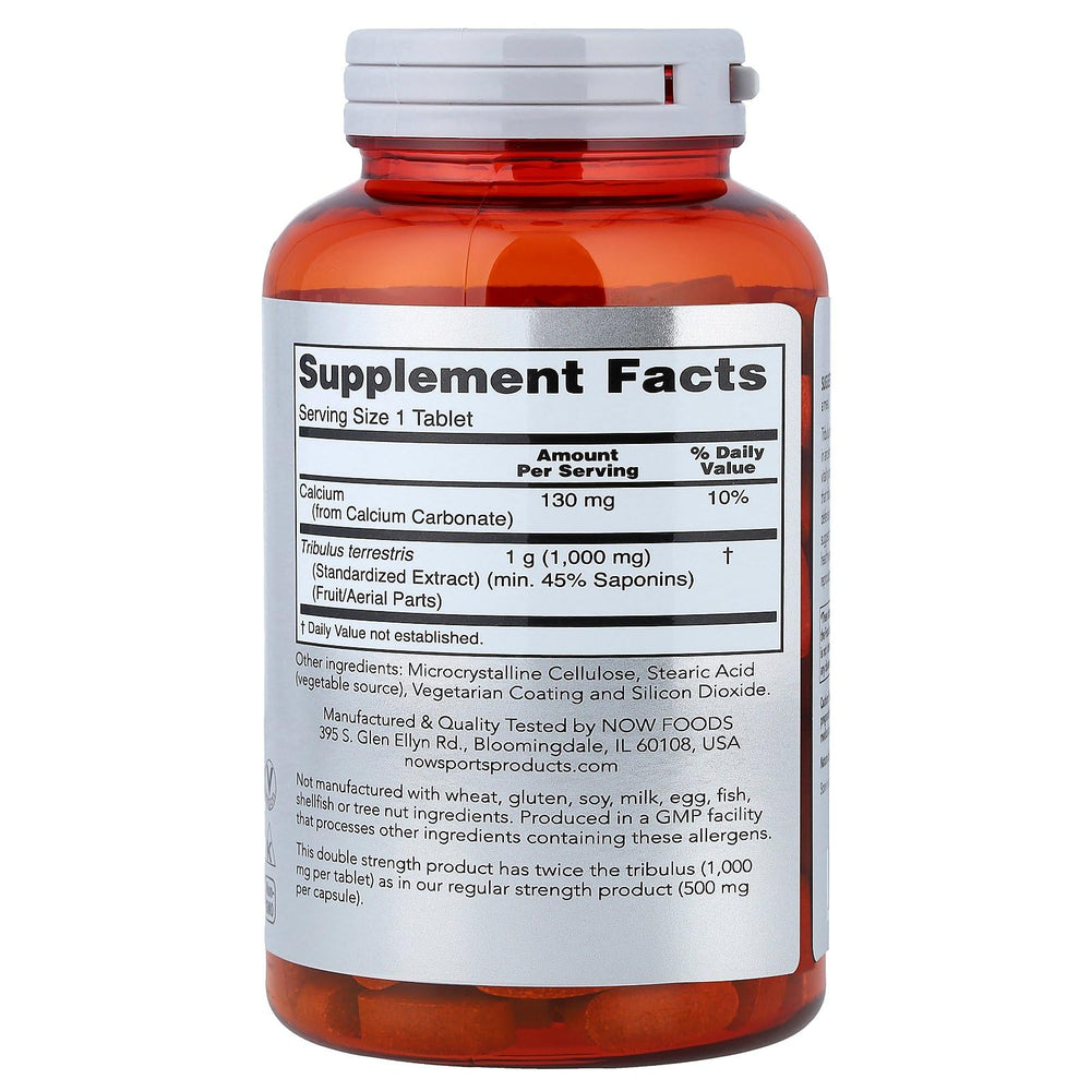 NOW Foods Tribulus 1000mg ingredients panel highlights 45% saponins for potency