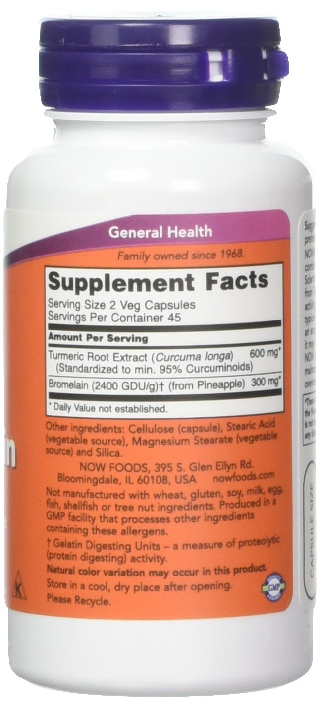 NOW Foods Turmeric & Bromelain label close-up highlighting standardized turmeric extract for joint support