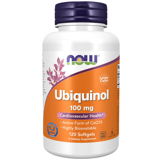 NOW Foods ubiquinol 100 mg softgels closeup, supporting cellular energy production.
