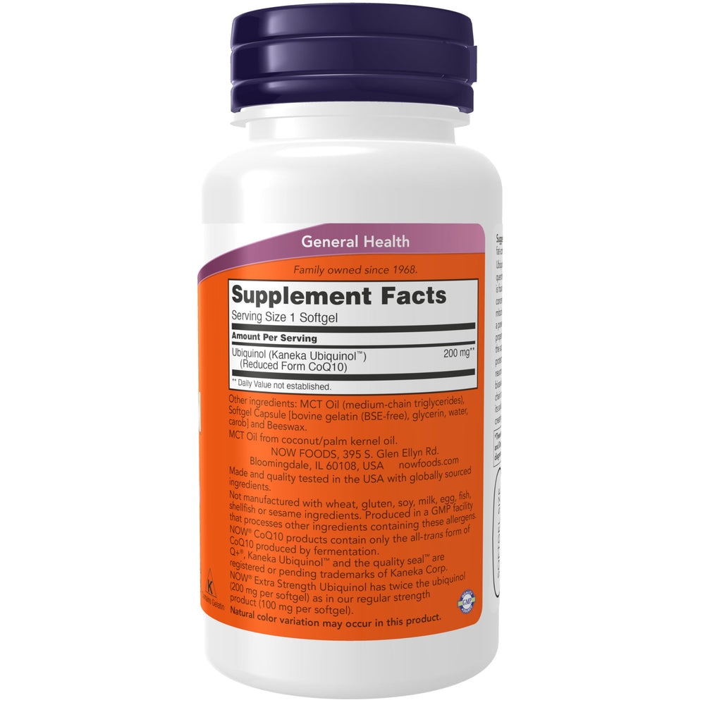 NOW Foods Ubiquinol 200 mg softgel label closeup emphasizing active CoQ10 form