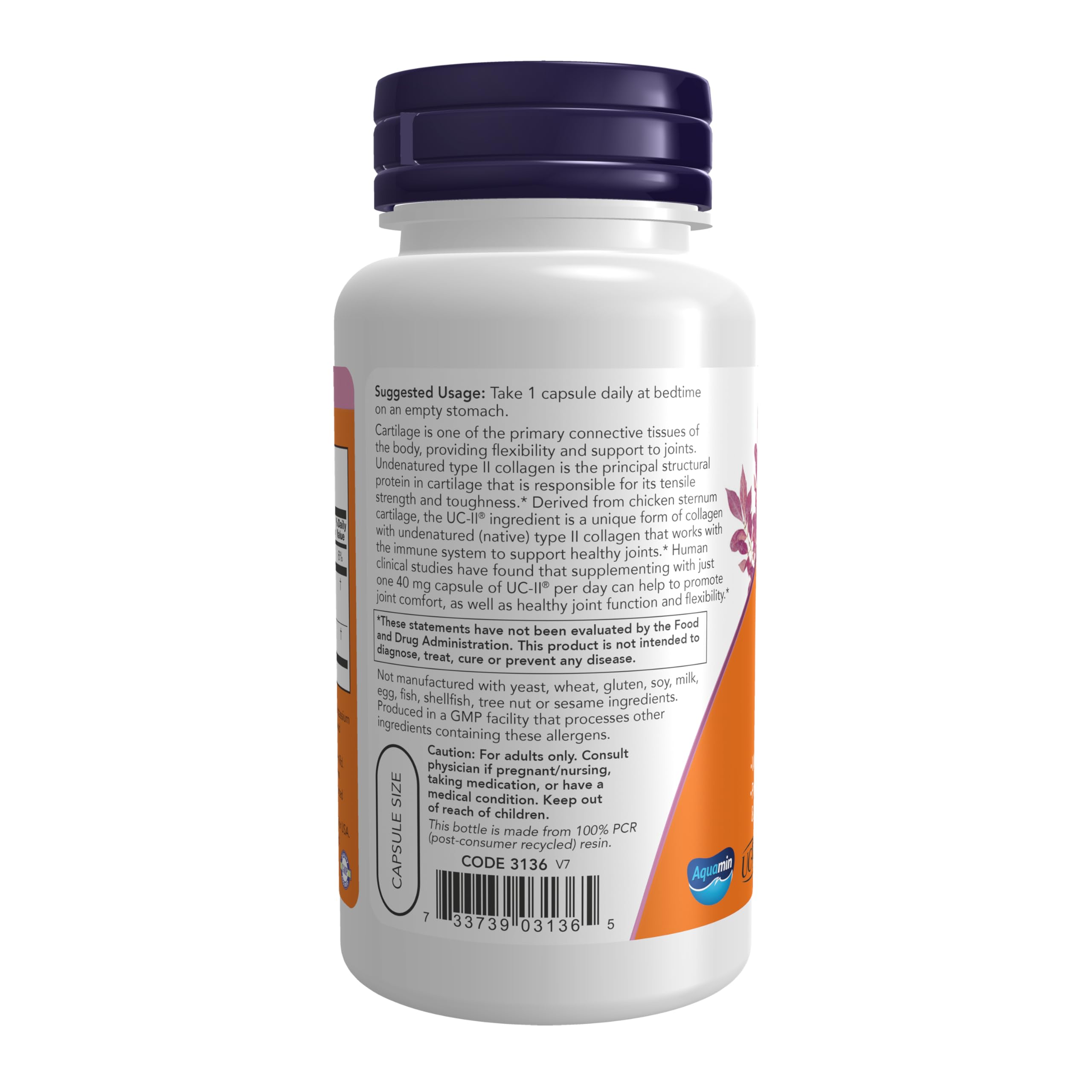 NOW Foods UC-II capsules closeup highlighting easy daily joint comfort support
