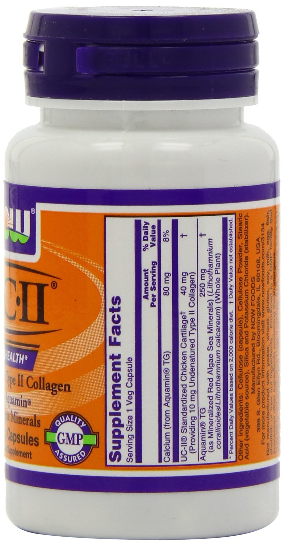 NOW Foods UC II bottle label highlights quality and Aquamin minerals.