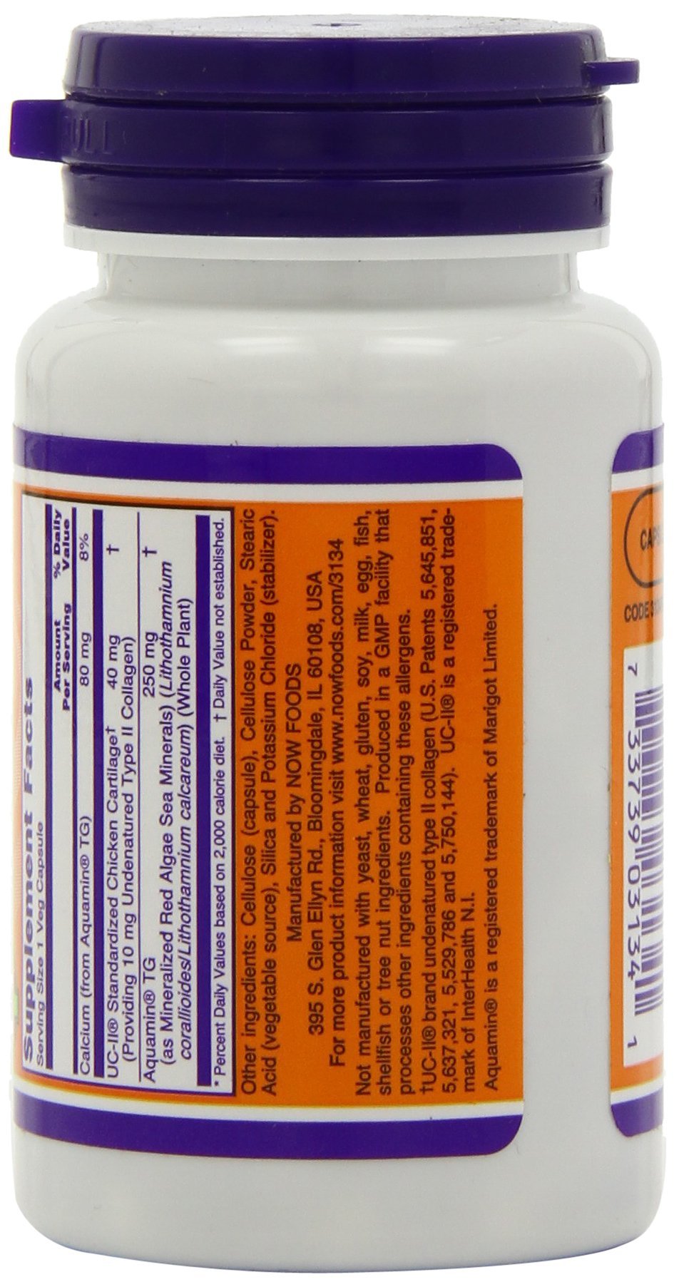 NOW Foods UC II supplement facts panel emphasizes serving size and 60 capsules.
