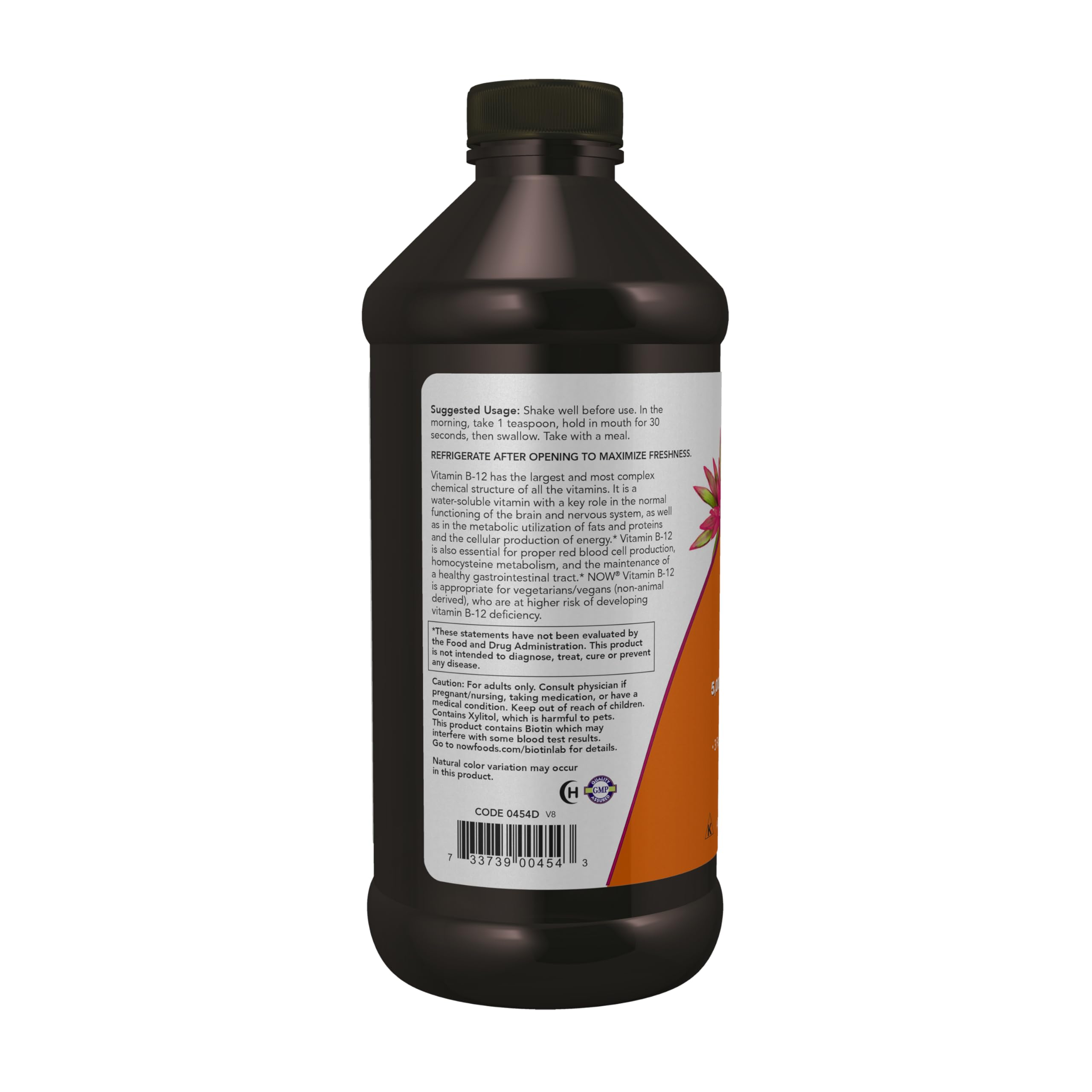 NOW Foods Ultra B-12 Liquid ingredients label with B-12 and folic acid