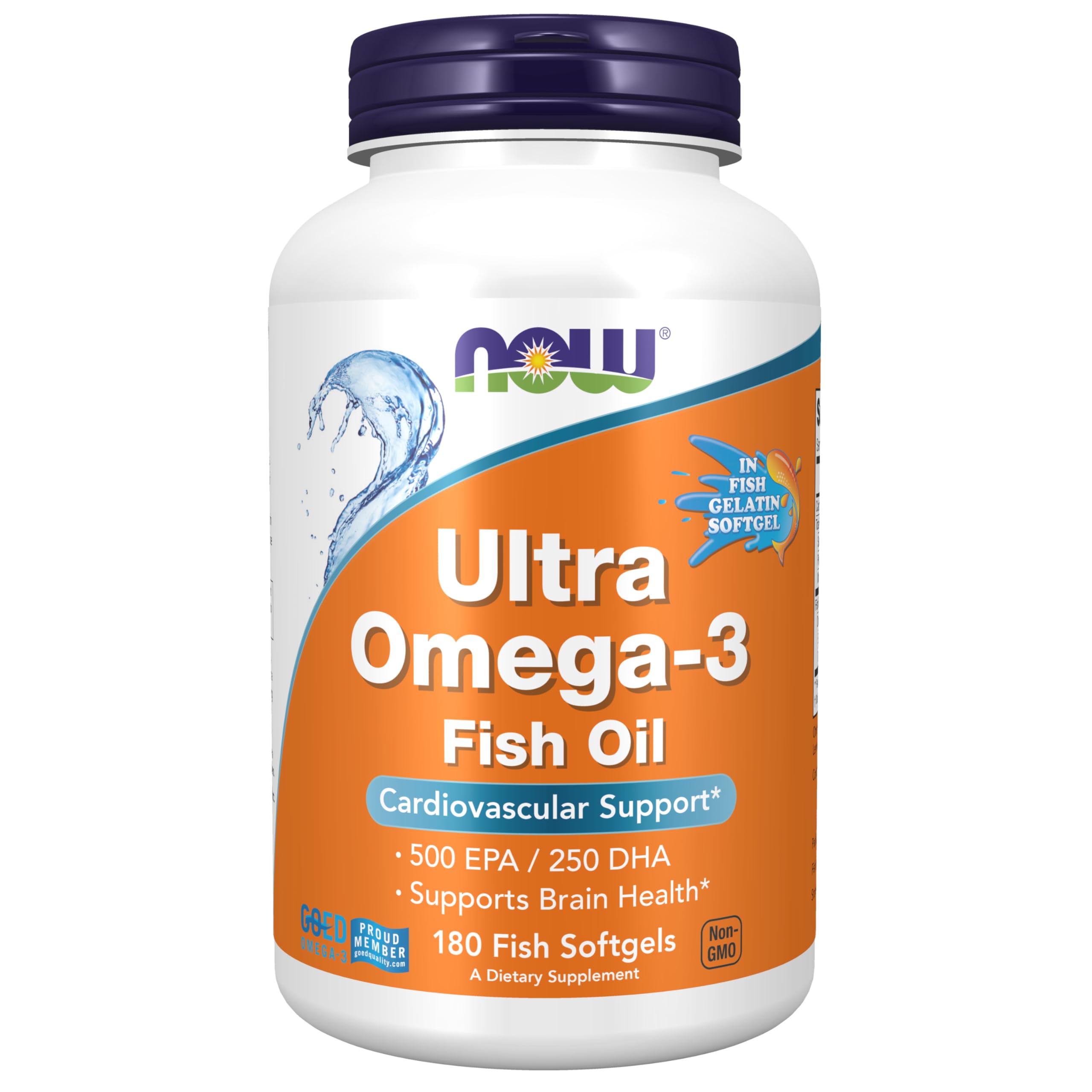 NOW Foods Ultra Omega-3 bottle front shows 1000 mg fish oil for heart and brain support.