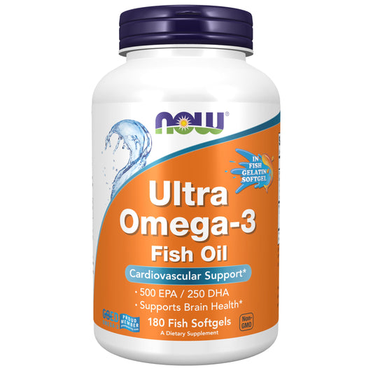 NOW Foods Ultra Omega-3 bottle front shows 1000 mg fish oil for heart and brain support.
