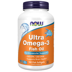 NOW Foods Ultra Omega-3 bottle front shows 1000 mg fish oil for heart and brain support.