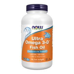 NOW Foods Ultra Omega 3-D bottle with softgels for potential cardiovascular support.