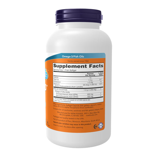 NOW Foods Ultra Omega 3-D lemon-flavored softgels near the bottle for daily wellness.