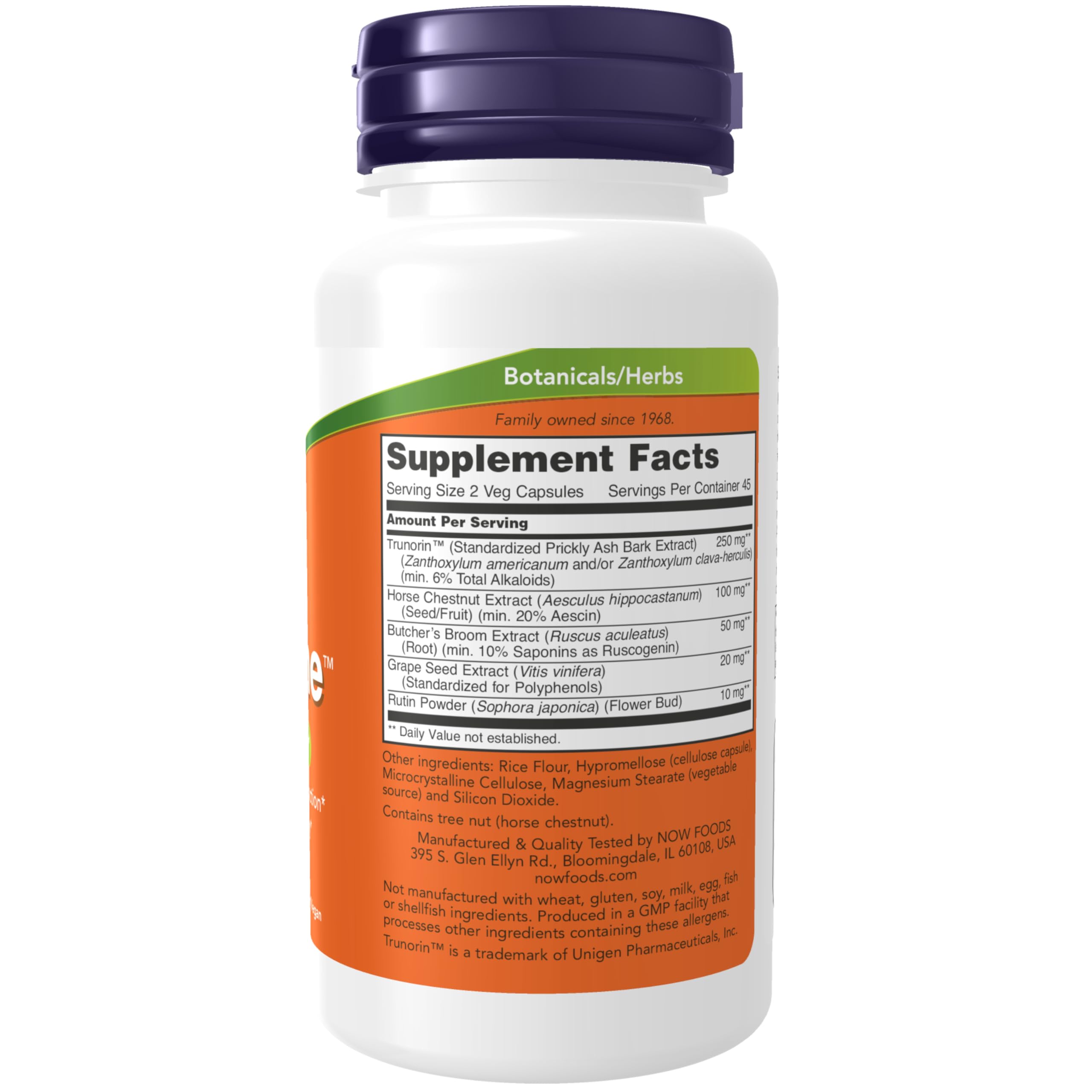 NOW Foods Vein Supreme capsules closeup highlights the ingredient blend for vascular integrity.
