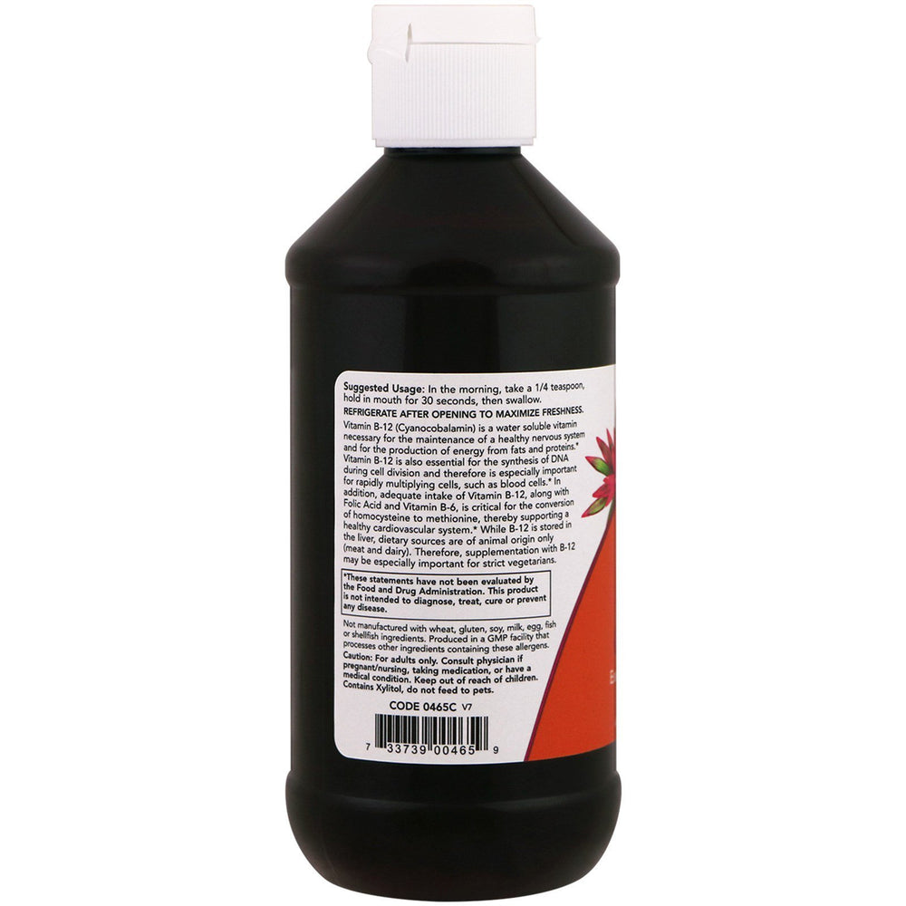 NOW Foods Vitamin B-12 Liquid label highlights vegan, no alcohol formula.