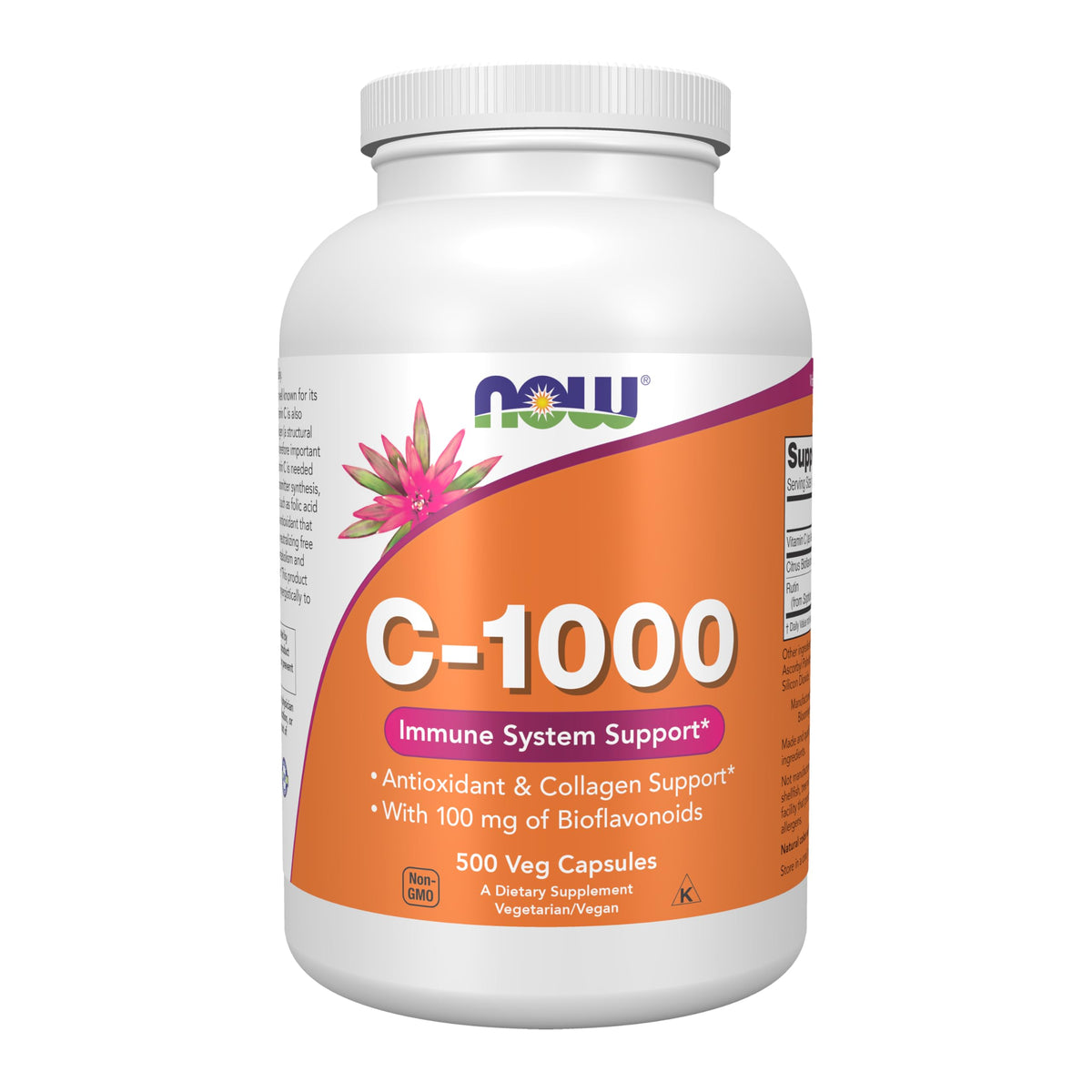 NOW Foods Vitamin C-1000 with bioflavonoids bottle close-up showing capsules for antioxidant support