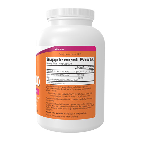 NOW Foods Vitamin C-1000 label close-up highlighting bioflavonoids and daily vitamin C intake