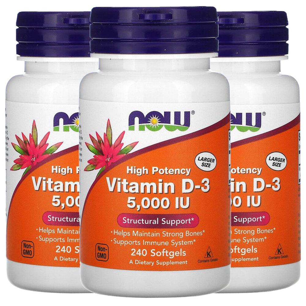 NOW Foods Vitamin D-3 5000 IU three-pack bottle display emphasizing high potency