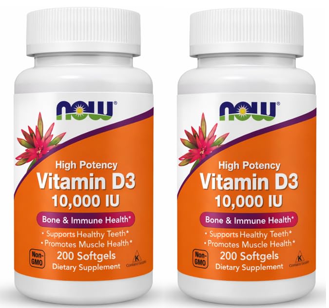 NOW Foods Vitamin D-3 softgels bottle shows high potency for bone health