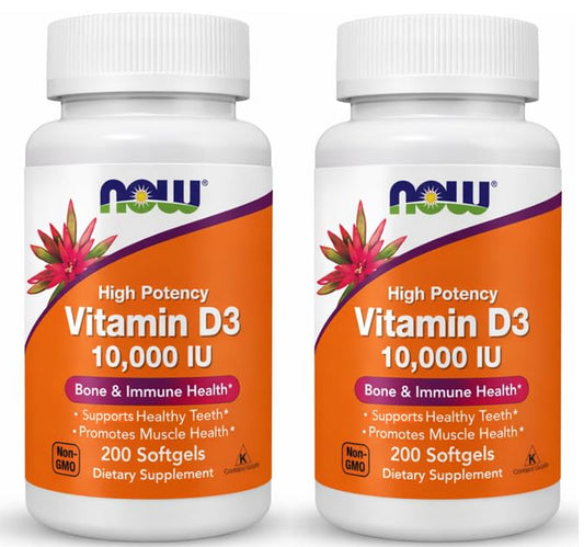 NOW Foods Vitamin D-3 softgels bottle shows high potency for bone health