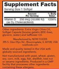 NOW Foods Vitamin D-3 softgels being poured for daily use