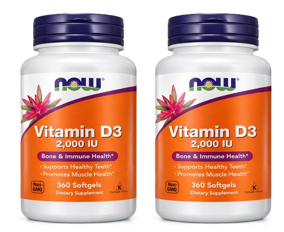 NOW Foods Vitamin D-3 2000 IU softgels bottle pour for easy daily dosing