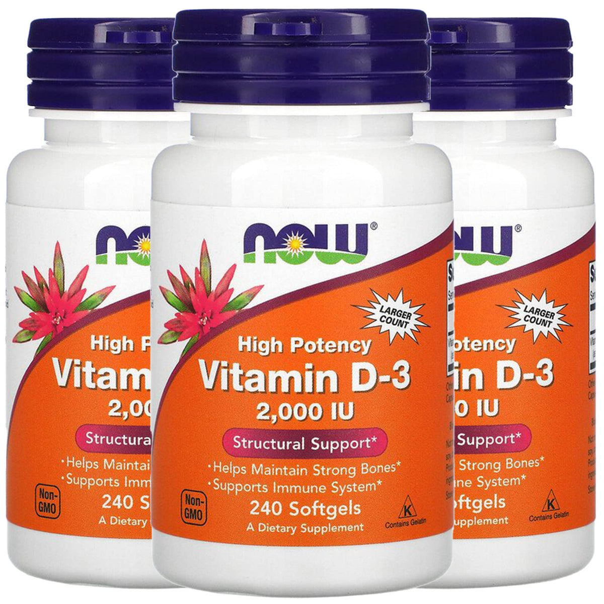 NOW Foods Vitamin D-3 softgels bottle close-up for daily bone support.