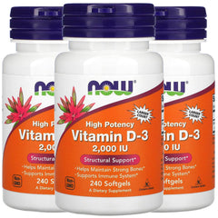 NOW Foods Vitamin D-3 softgels bottle close-up for daily bone support.