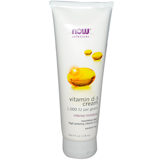 NOW Foods Vitamin D-3 Cream bottle promoting deep moisture for dry skin