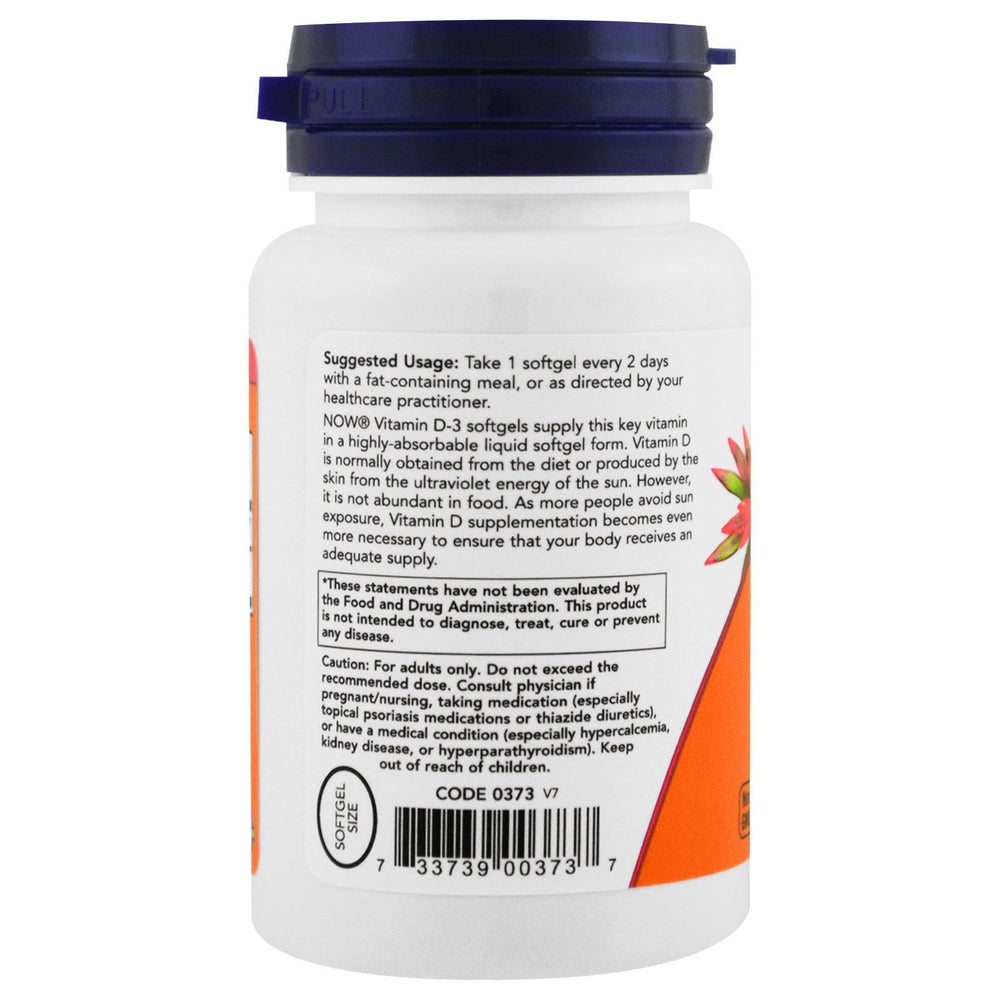Packaging image of NOW Foods Vitamin D-3 four-bottle set for convenient daily use.