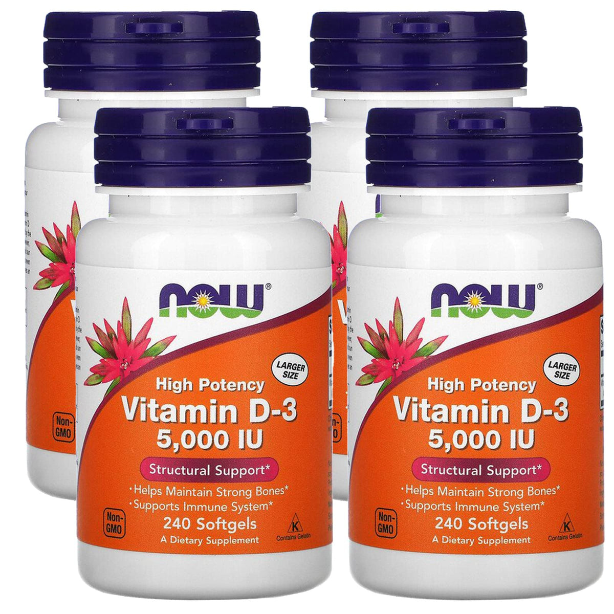 NOW Foods Vitamin D-3 softgel bottle four-pack may support daily bone and immune health.