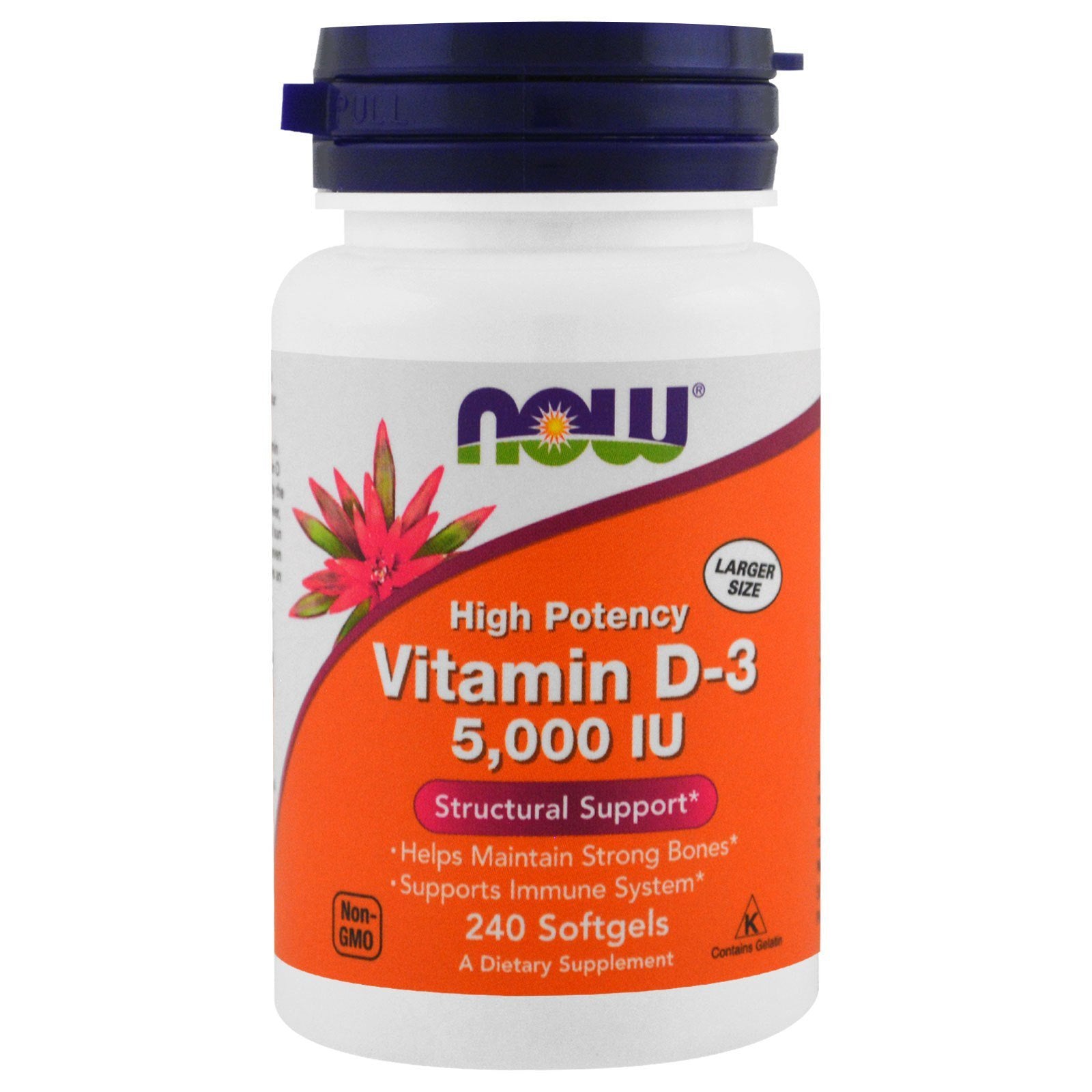 Close-up of NOW Foods Vitamin D-3 softgel pour highlighting liquid form for absorption.