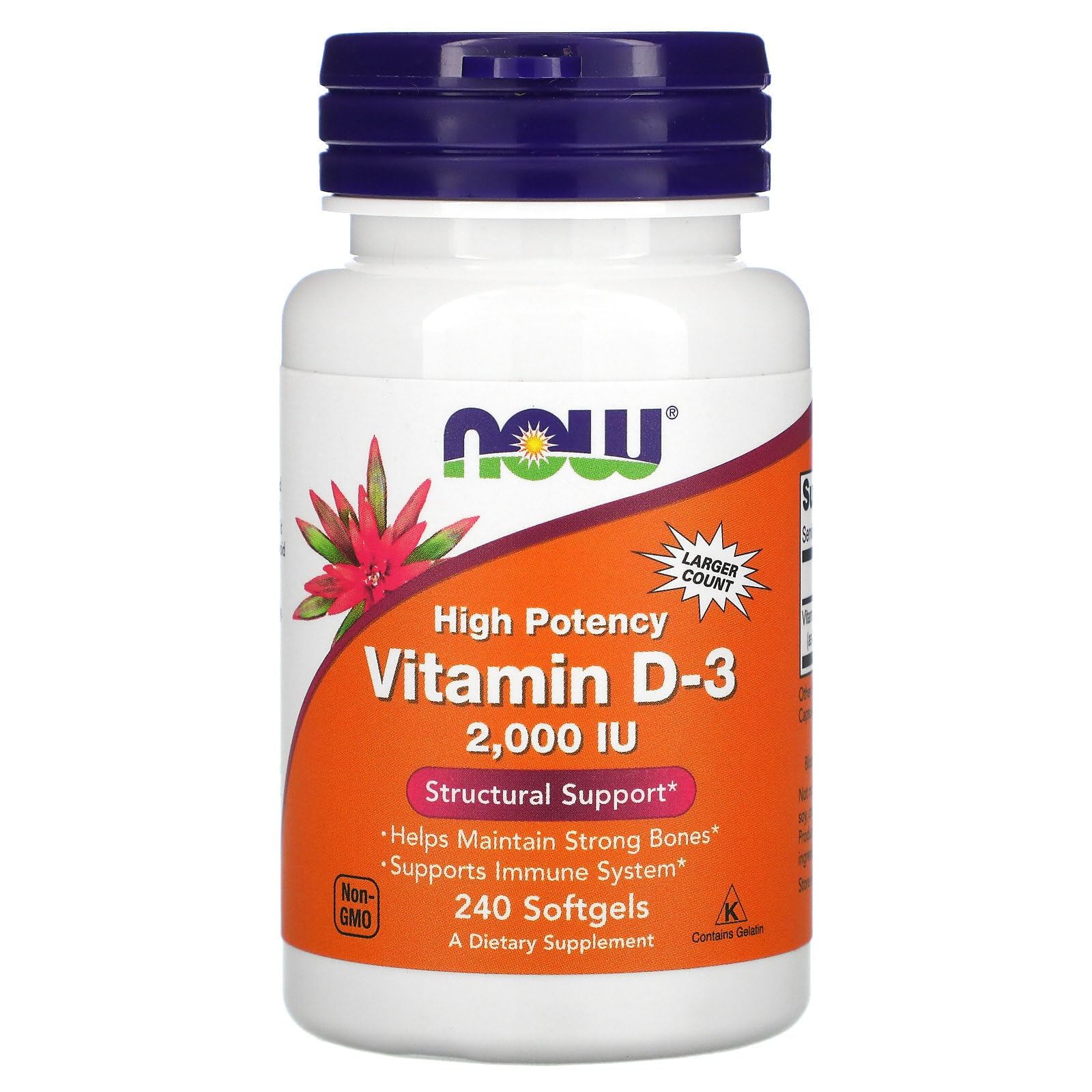 NOW Foods Vitamin D-3 softgels close-up emphasizing easy-to-swallow capsules.