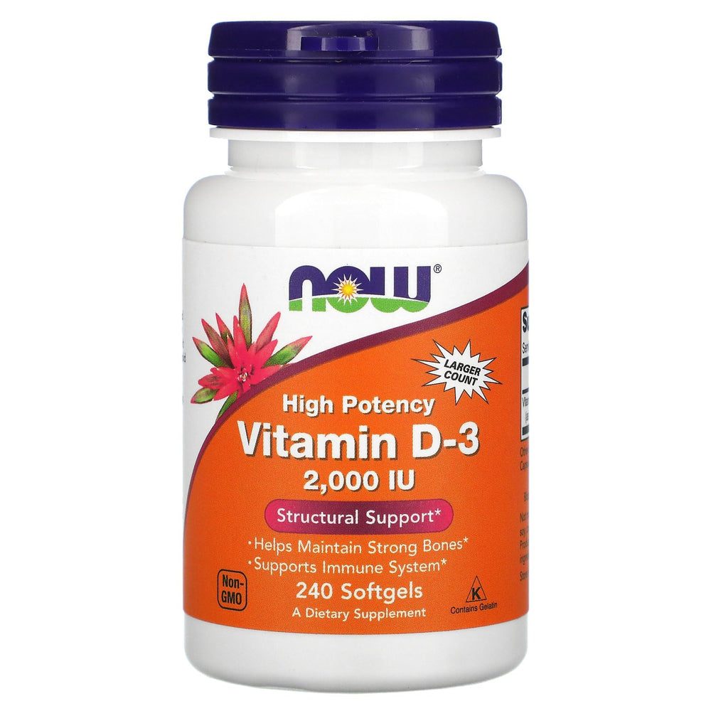 NOW Foods Vitamin D-3 softgels close-up emphasizing easy-to-swallow capsules.