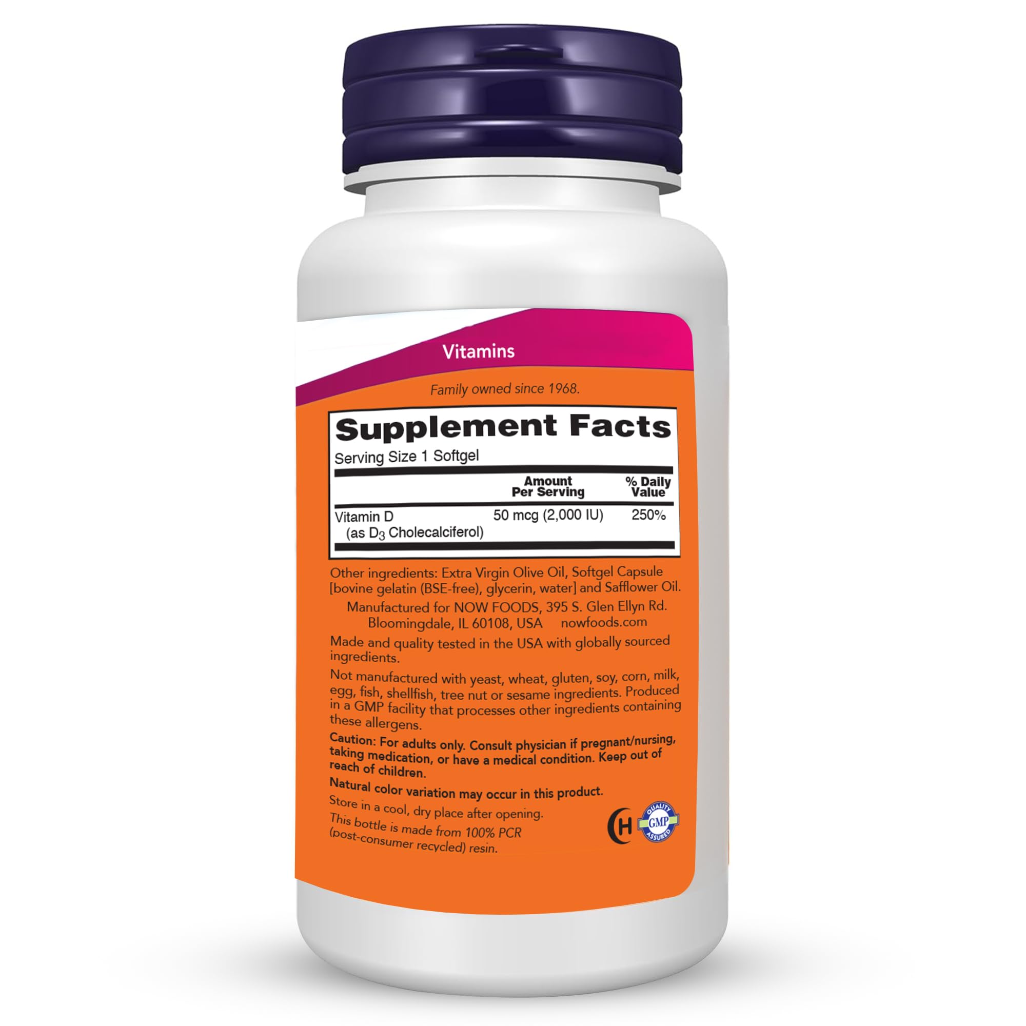 NOW Foods Vitamin D-3 softgels closeup showing small gel capsules