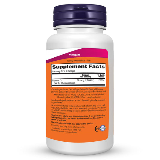 NOW Foods Vitamin D-3 softgels closeup showing small gel capsules