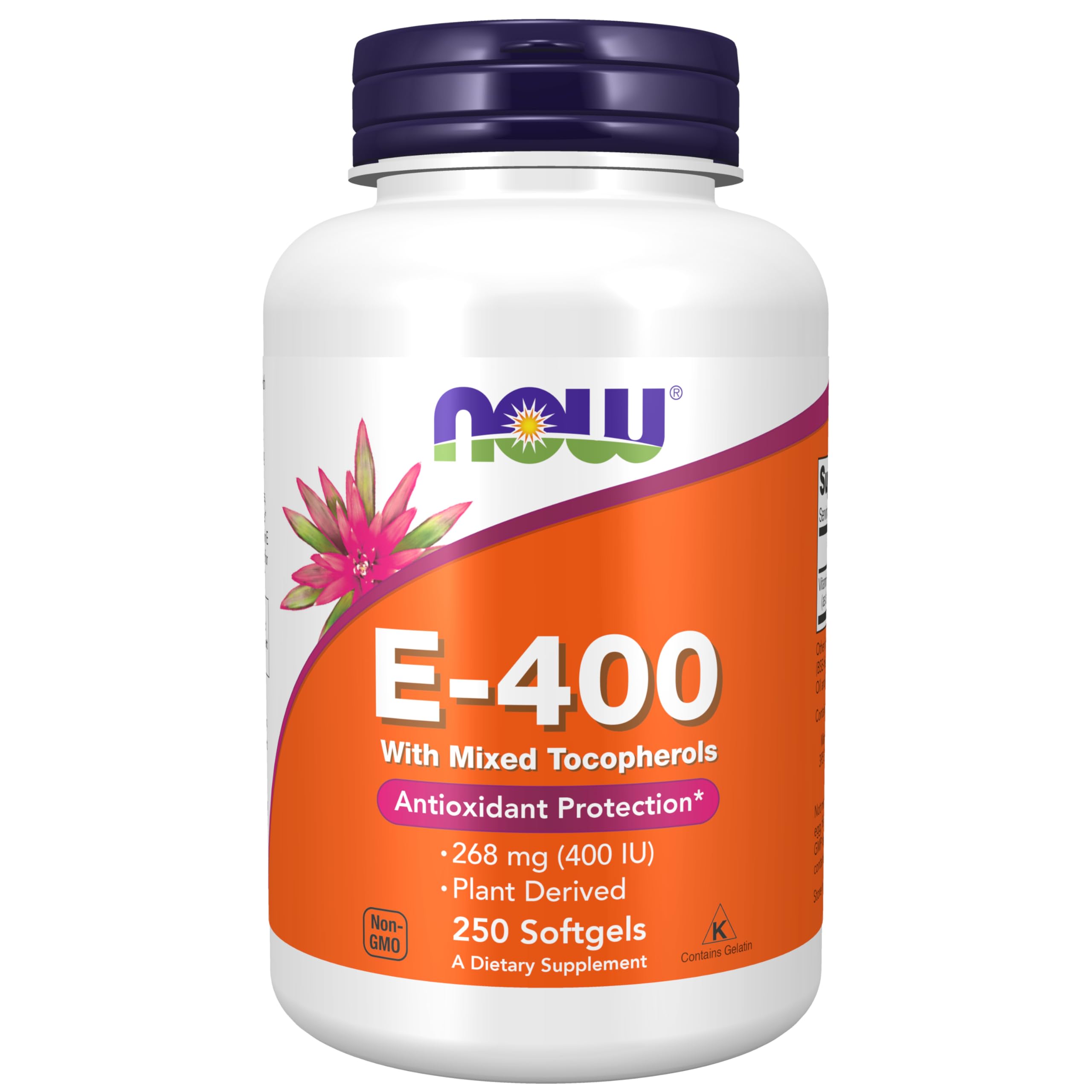 NOW Foods Vitamin E-400 IU mixed tocopherols bottle supports cellular health with antioxidant protection.