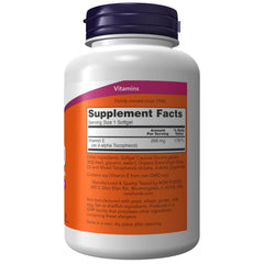 NOW Foods Vitamin E-400 IU mixed tocopherols softgels for daily antioxidant support and immune health.