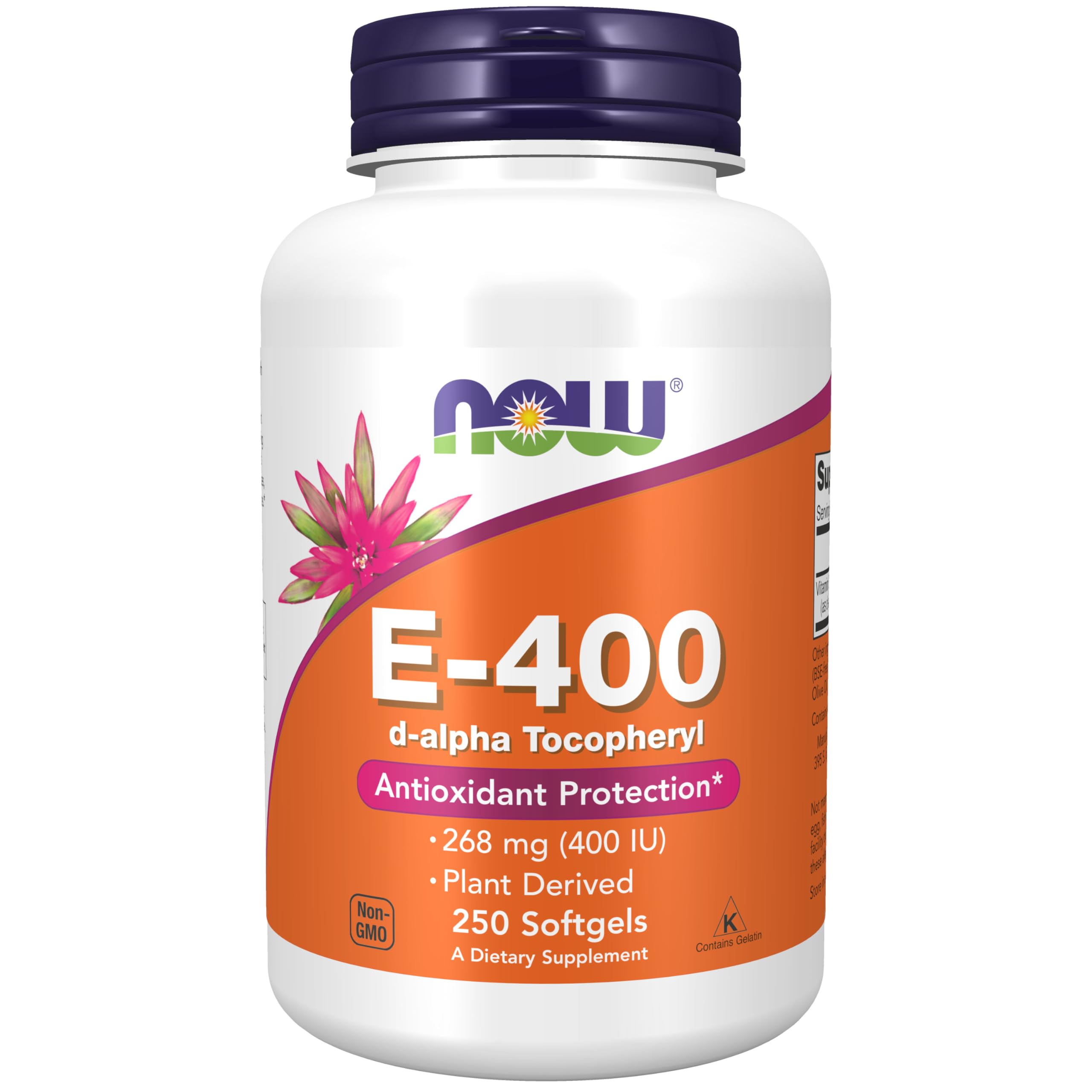 NOW Foods Vitamin E-400 IU softgels in bottle for daily antioxidant support.