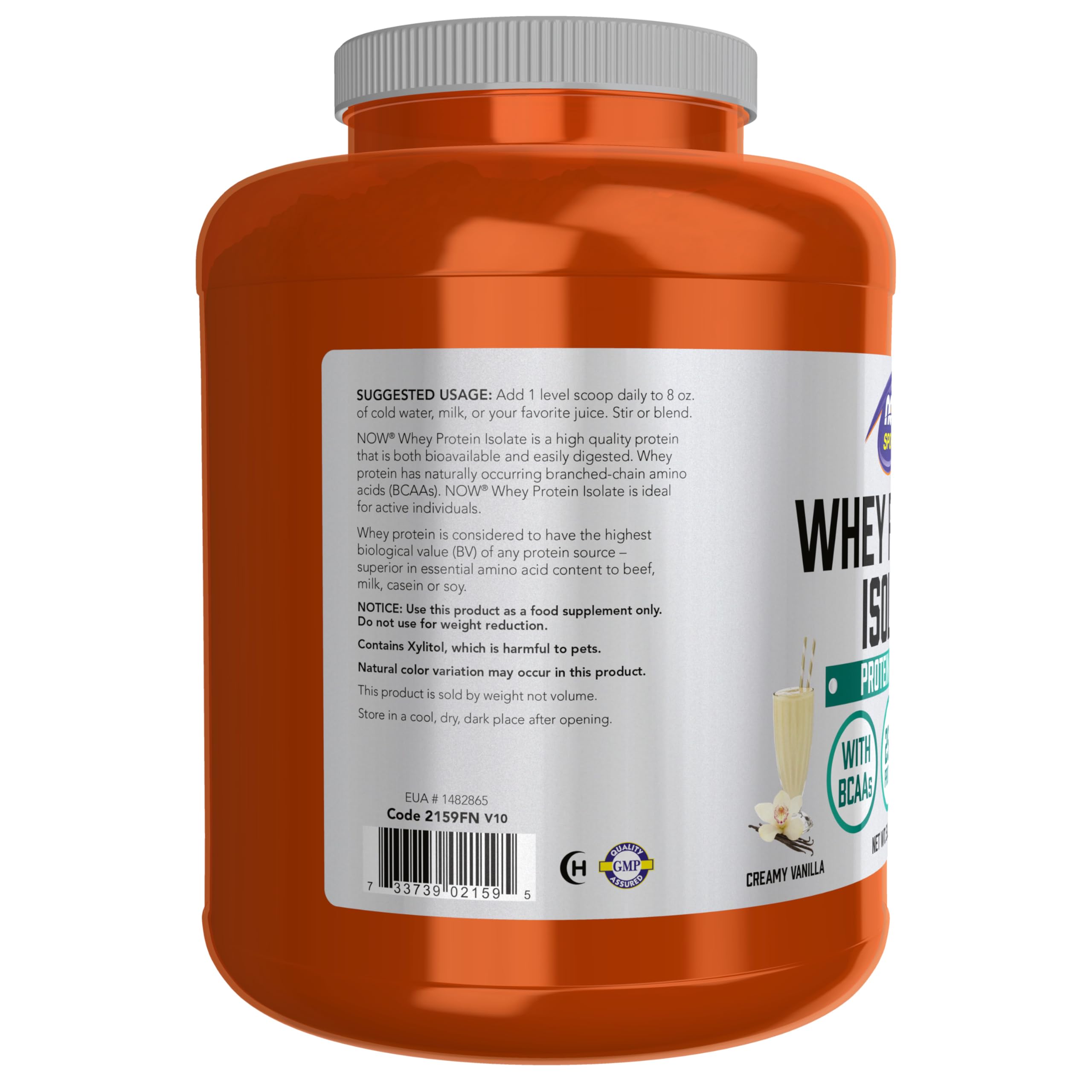 NOW Foods Whey Protein Isolate creamy vanilla bottle front showing GMP-certified formula.