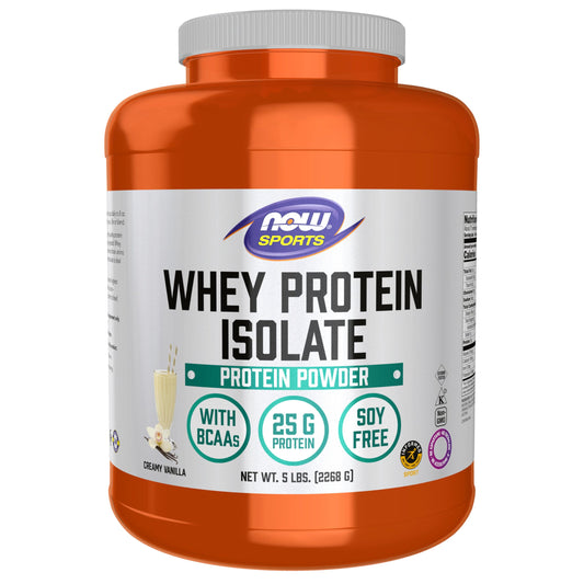 NOW Foods Whey Protein Isolate creamy vanilla powder for post-workout shakes.