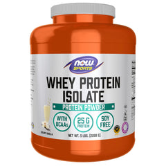 NOW Foods Whey Protein Isolate creamy vanilla powder for post-workout shakes.