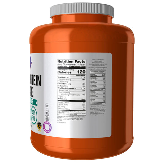 NOW Foods Whey Protein Isolate creamy vanilla serving scoop highlighting portion control.