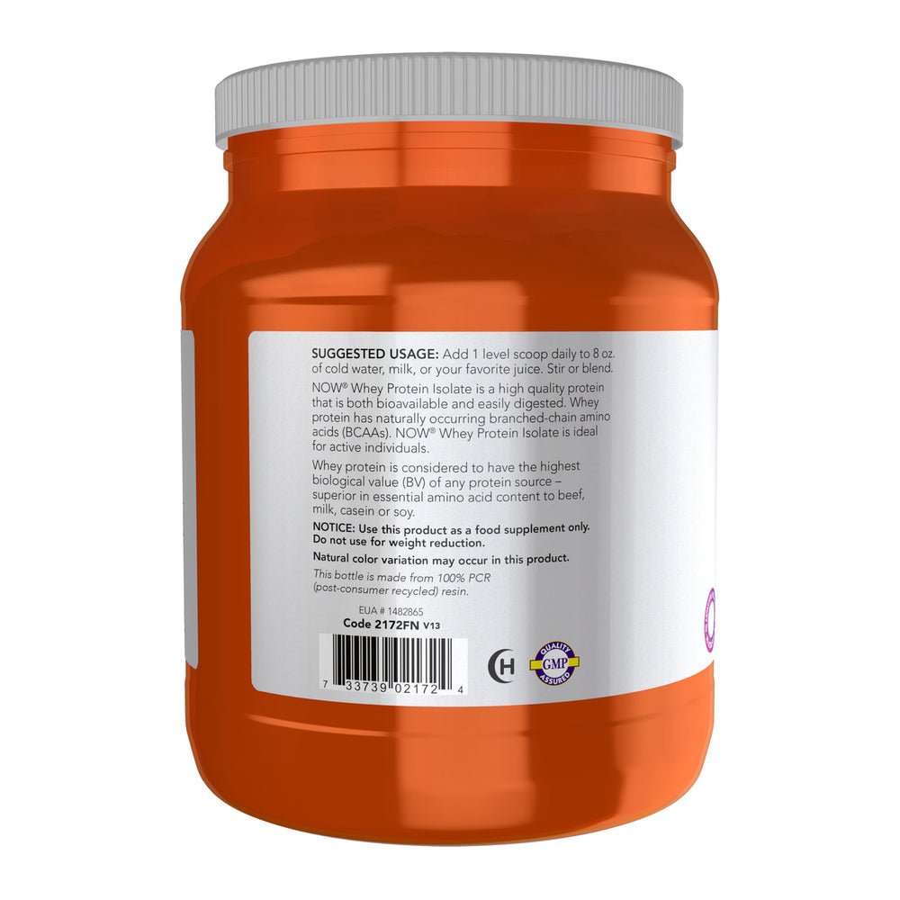 NOW Foods Whey Protein Isolate label with product details and ingredients.