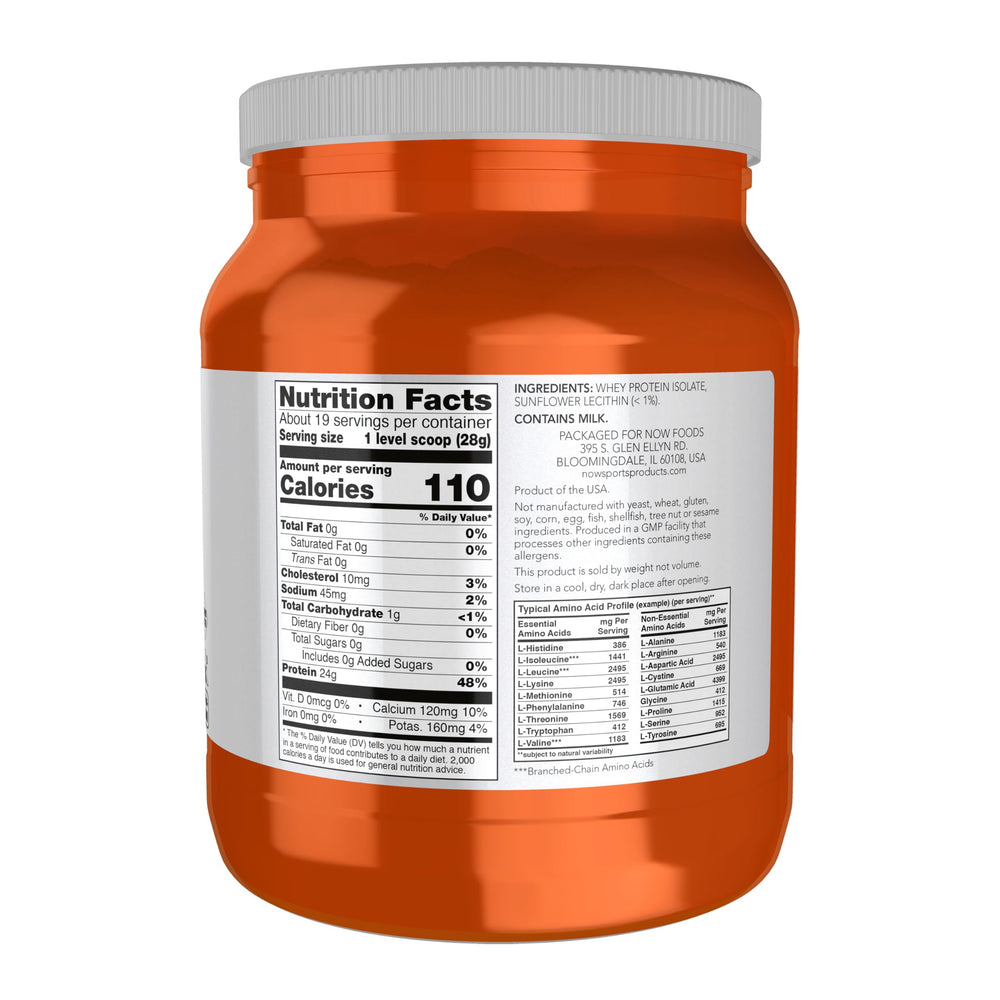 NOW Foods Whey Protein Isolate scoop in shaker for fast post-workout mix.