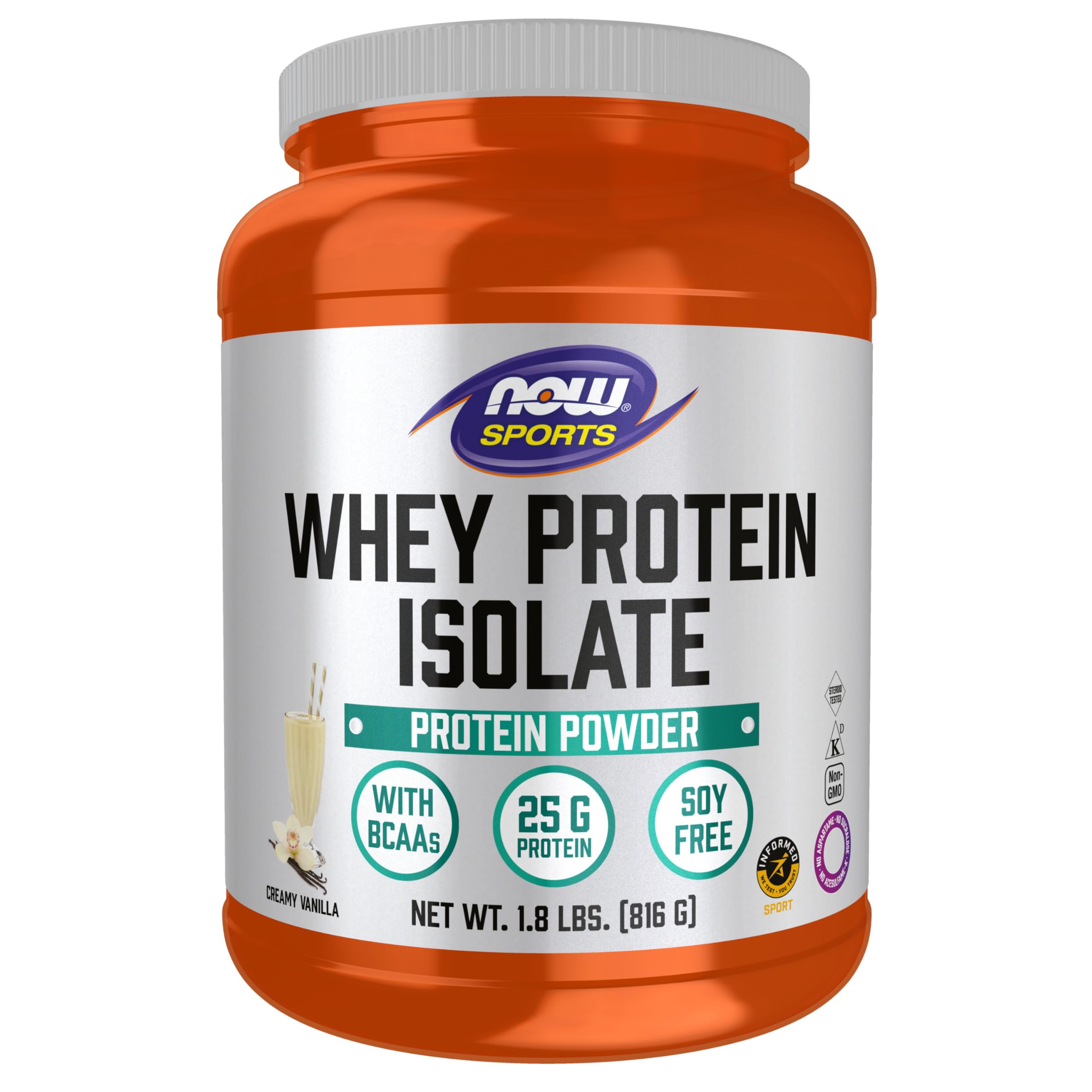 NOW Foods Whey Protein Isolate vanilla powder bottle highlights high BV protein for post-workout support