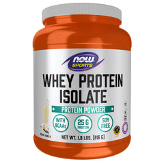 NOW Foods Whey Protein Isolate vanilla powder bottle highlights high BV protein for post-workout support