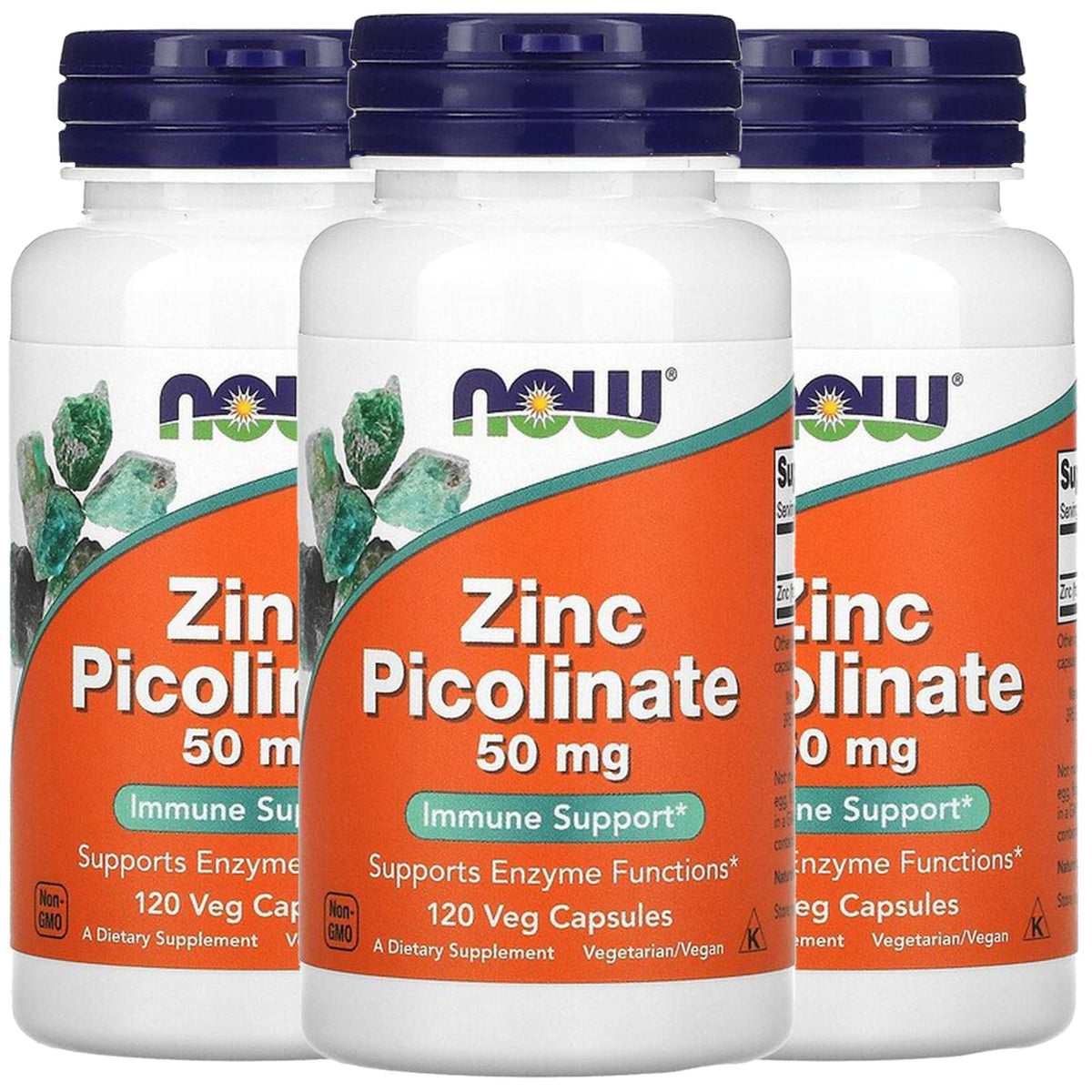 NOW Foods Zinc Picolinate 50 mg bottle showing a 3-pack for immune support and daily use