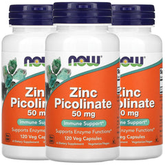NOW Foods Zinc Picolinate 50 mg bottle showing a 3-pack for immune support and daily use