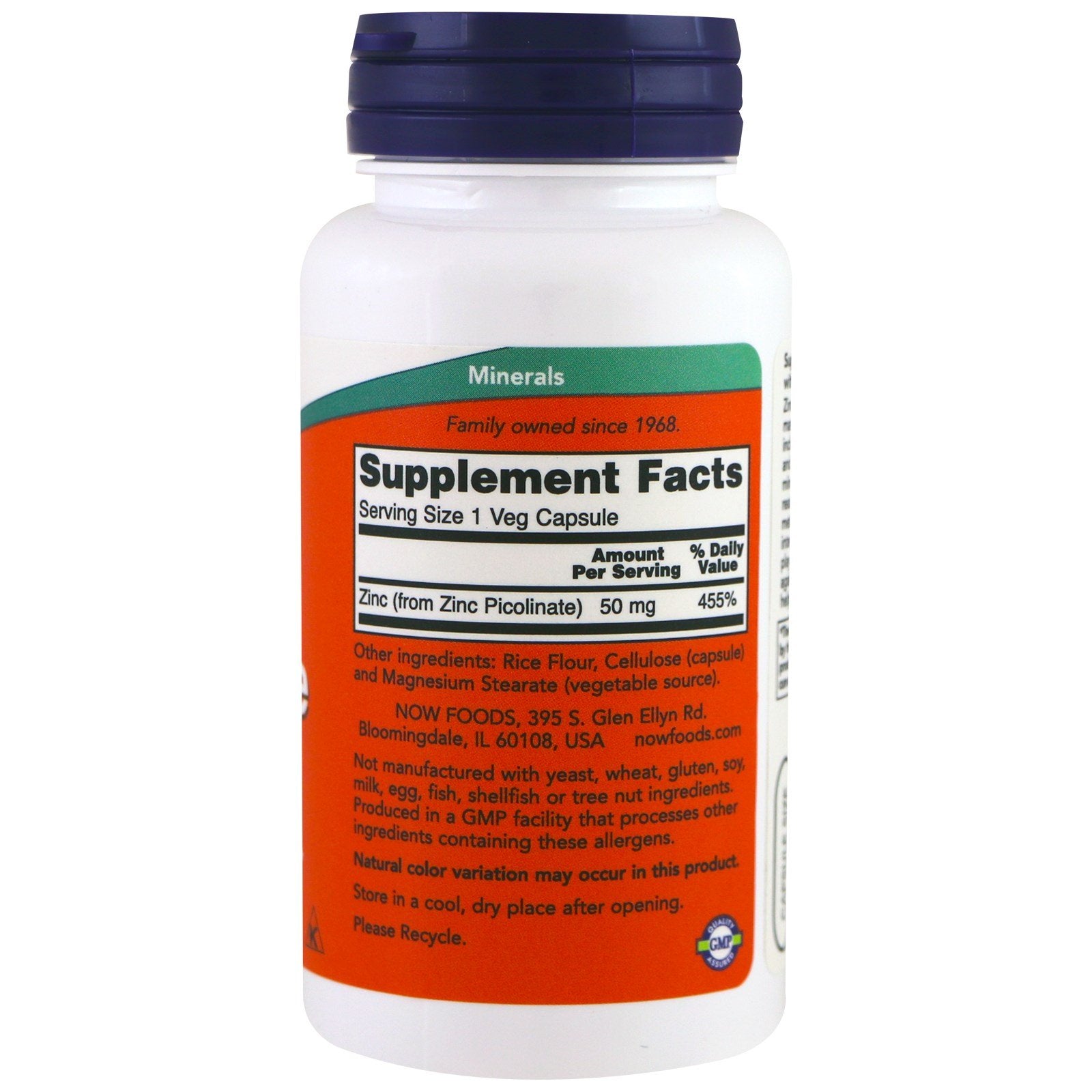 NOW Foods Zinc Picolinate 50 mg label highlighting non-GMO, vegan and kosher features